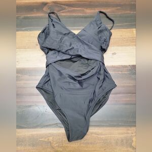 True Wrap Front Cutout One Piece Swimsuit Solid Black Tie True Wrap Back Size M